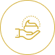 Hand holding dessert icon in gold circle.