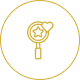 Magnifying glass, star, heart icon in circle.